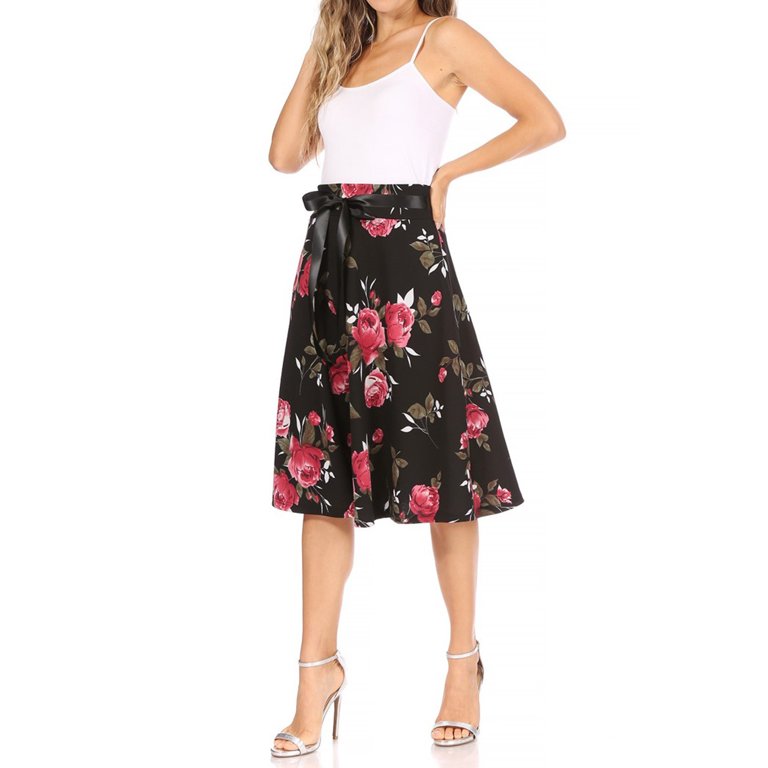 Women's Casual Floral Printed A Line Ribbon Belted Knee Length Midi Skirt