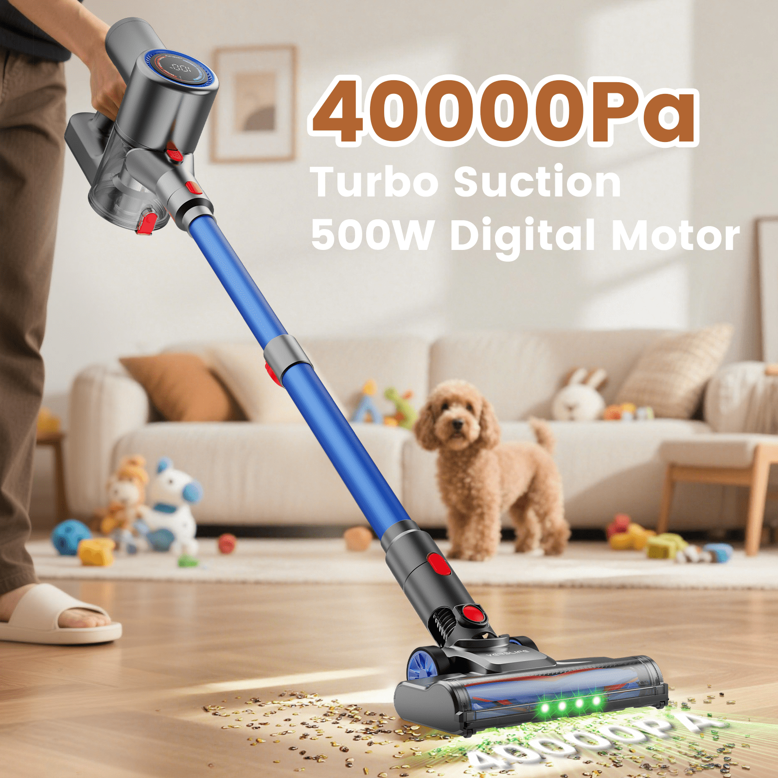 Cordless Vacuum Cleaner, 40kPa/500W Power Suction, LED Display, 6-in-1 Lightweight Stick Vacuum with Green LED Light, 6-Stages Filtration, Self-Standing for Pet Hair Hard Floor Carpet