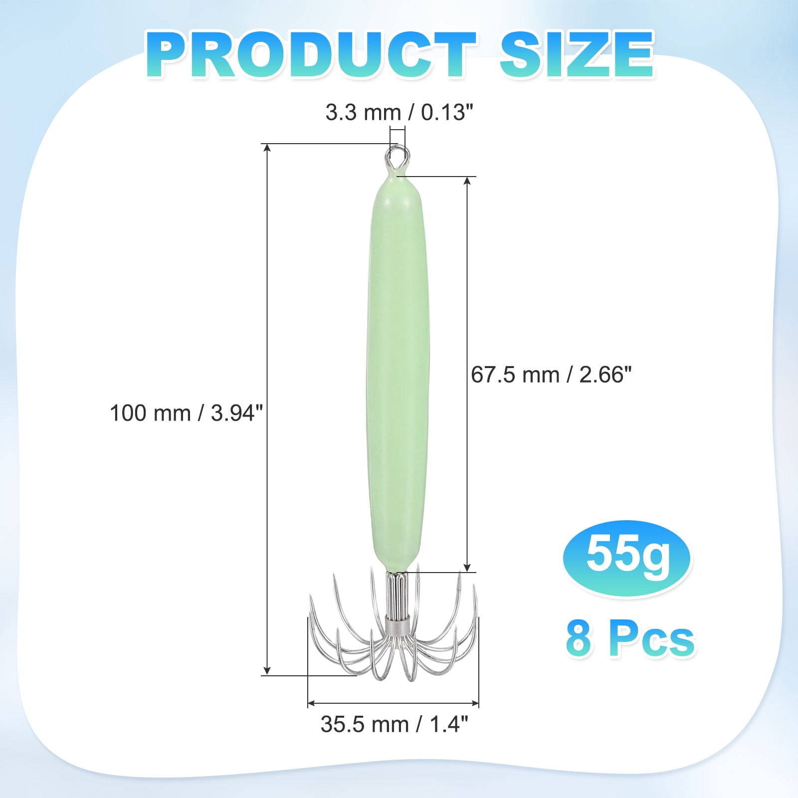 Uxcell Luminous Squid Jig Hooks, 55g Squid Jigs Saltwater Glow in Dark with 12 Stainless Steel Needles Fishing Lures Bait 4'' & 8Pcs & Green - Fit for Cuttlefish Sleeve Night Fishing