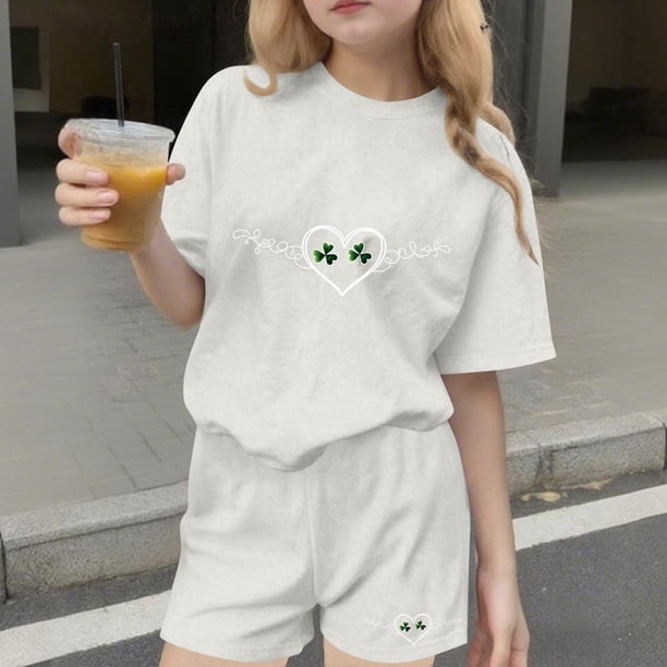 Conjuntos de blusas y camisas de cuello redondo y manga corta para niños Conjunto de dos piezas de blusas de cuello redondo y manga corta con estampado del Día de San Patricio para niños Niños poliést