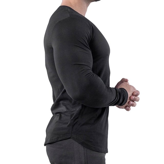 Camiseta ajustada de manga larga para hombre, de mezcla de algodón, elástica, de secado rápido, para fitness, running, color negro, XXXL