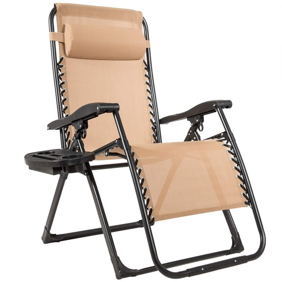 Oversized Zero Gravity Chair, XL Extended Recliner with Cup Holder& Detachable Headrest,Foldable Mesh Lounge for Patio Pool Porch Deck,Heavy Duty 500 lbs Support,Beige