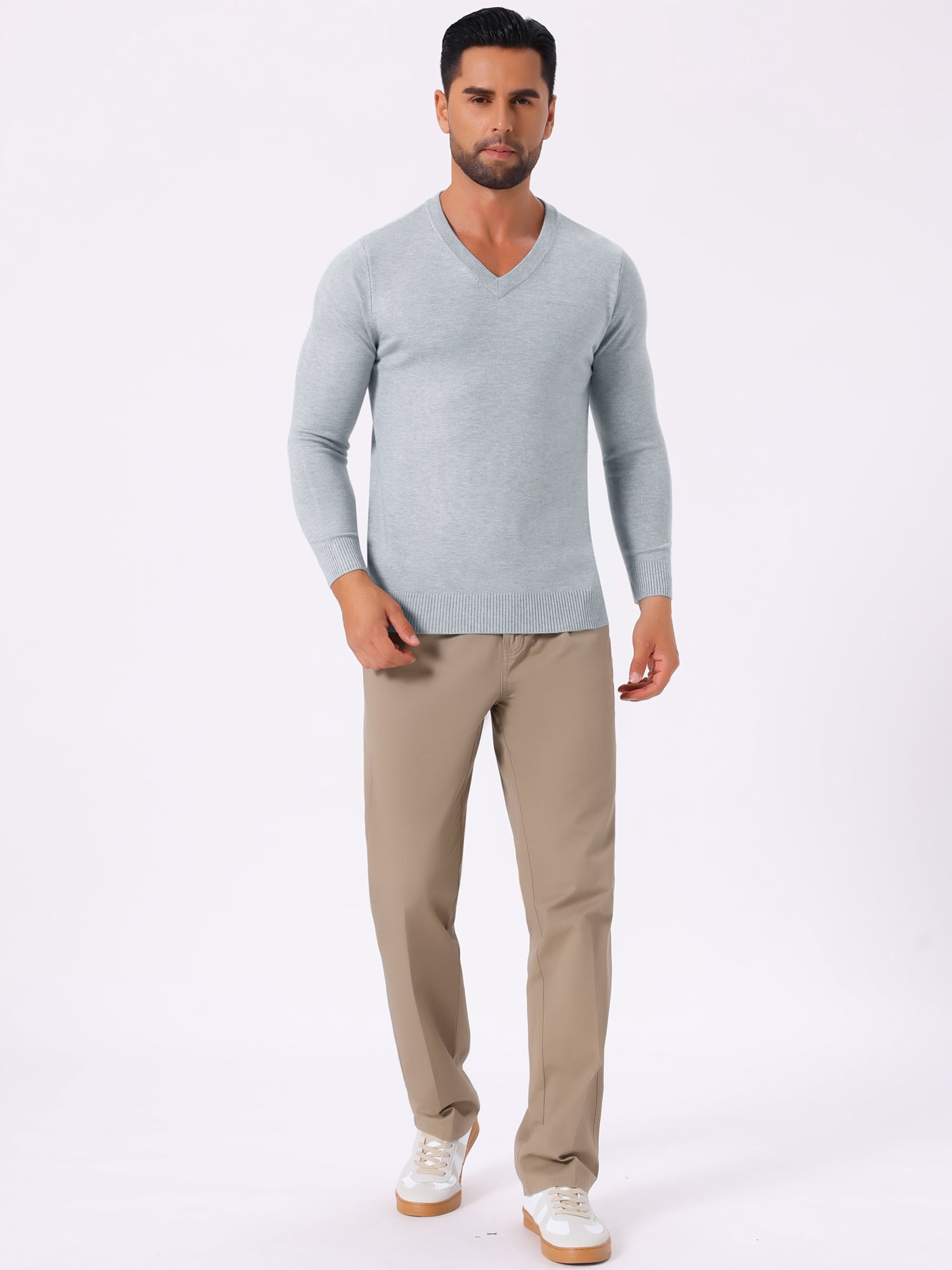 DARING DIVA Men's Long Sleeve V-Neck Solid Knitted Pullover Sweater XL Light Gray