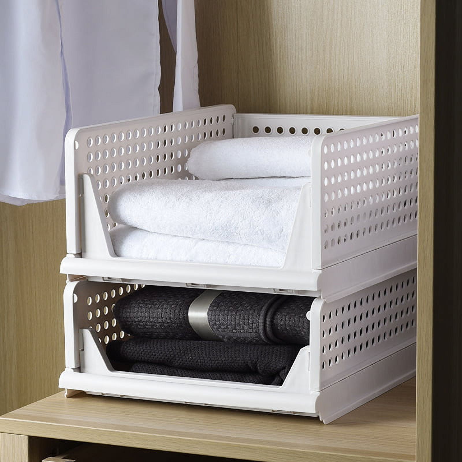 Stackable Closet Storage Box, Plastic Drawer Organizer, Foldable Wardrobe Clothes Shelf Baskets, Folding Containers Bins Cubes, Perfect for Kitchen, Office, Bedroom & Bathrooms, Set of 2