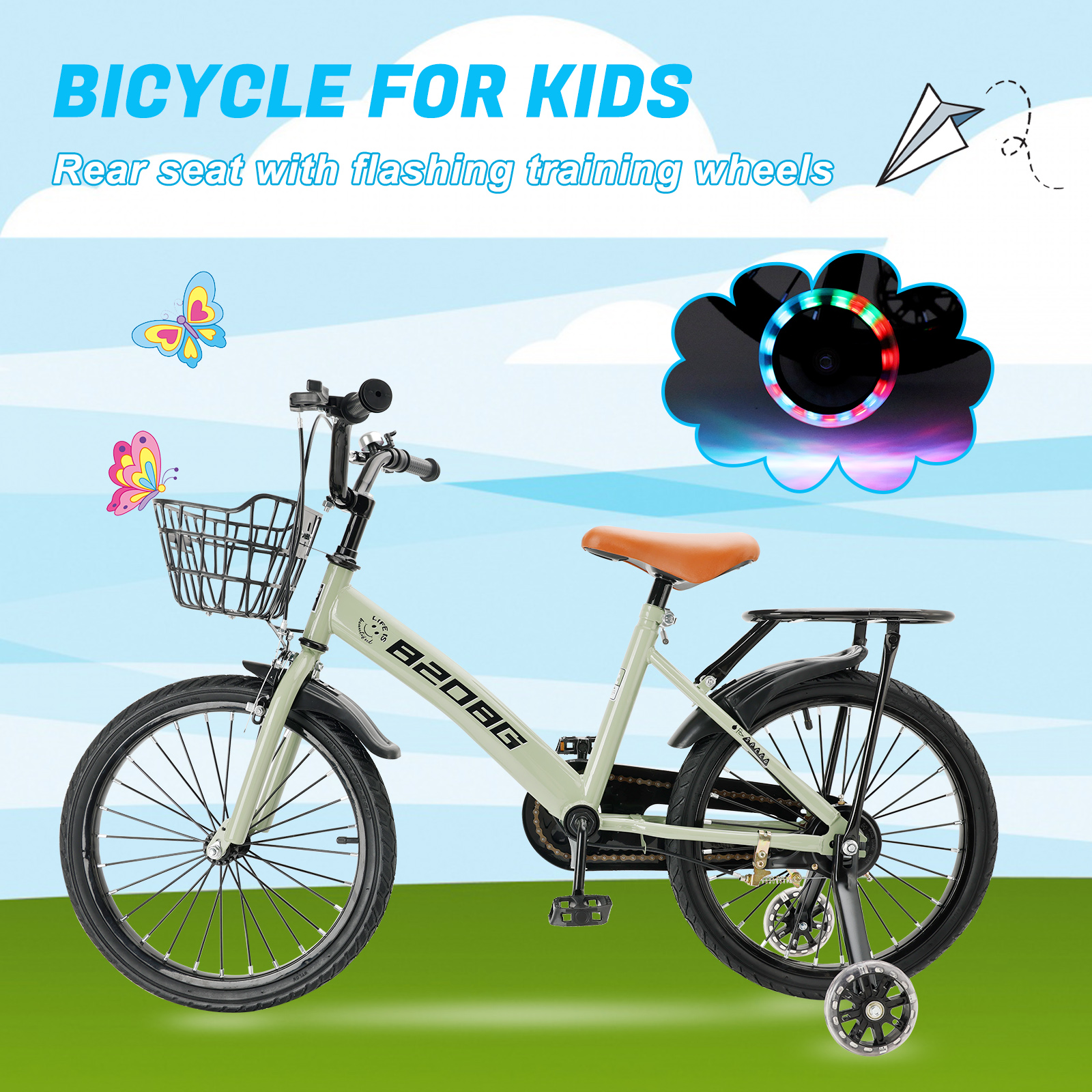 ARTUDATECH Kids Bike, 18 Inch Children Bikes for Boys Girls Age 6-10 Years old with Lighting Training Wheels, Basket, Dual Brake, Kids Bicycle Green