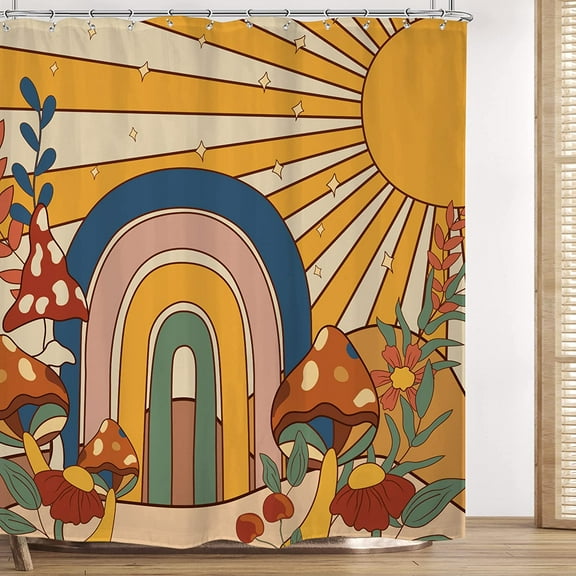 70s Retro Mushroom Hippie Shower Curtain 72Wx72H Inch Rainbow Sun Hippy Vintage Floral Funky Boho Chic Aesthetic Groovy with 12 Plastic Hooks Fabric Waterproof Toilet Accessories Decor