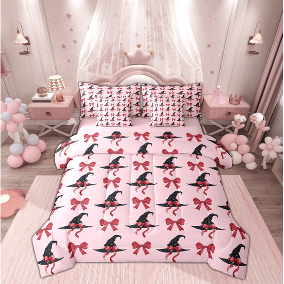 Manfei Red Witch Hat Twin Bedding Sets 7-Piece for Kid, Kawaii Cartoon Bowknot Bedding Comforter Set, Happy Halloween Reversible Sheet Sets, Lightweight Room Decor