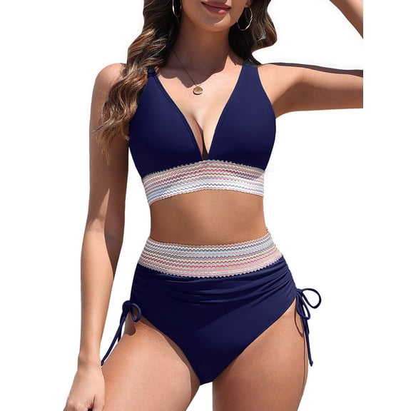 LVWQ Women's High Waisted Bikini Set Two Piece Swimsuit Tummy Control Push Up Color Block Drawstring Bathing Suit