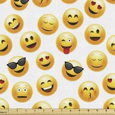 Emoticon Sofa Upholstery Fabric by the Yard, Smiling Face Character Illustration Feeling Happy Cool Surprised in Love, Decorative Fabric for DIY & Home Accents, 1 Yard, Yellow Black Red by Ambesonne
