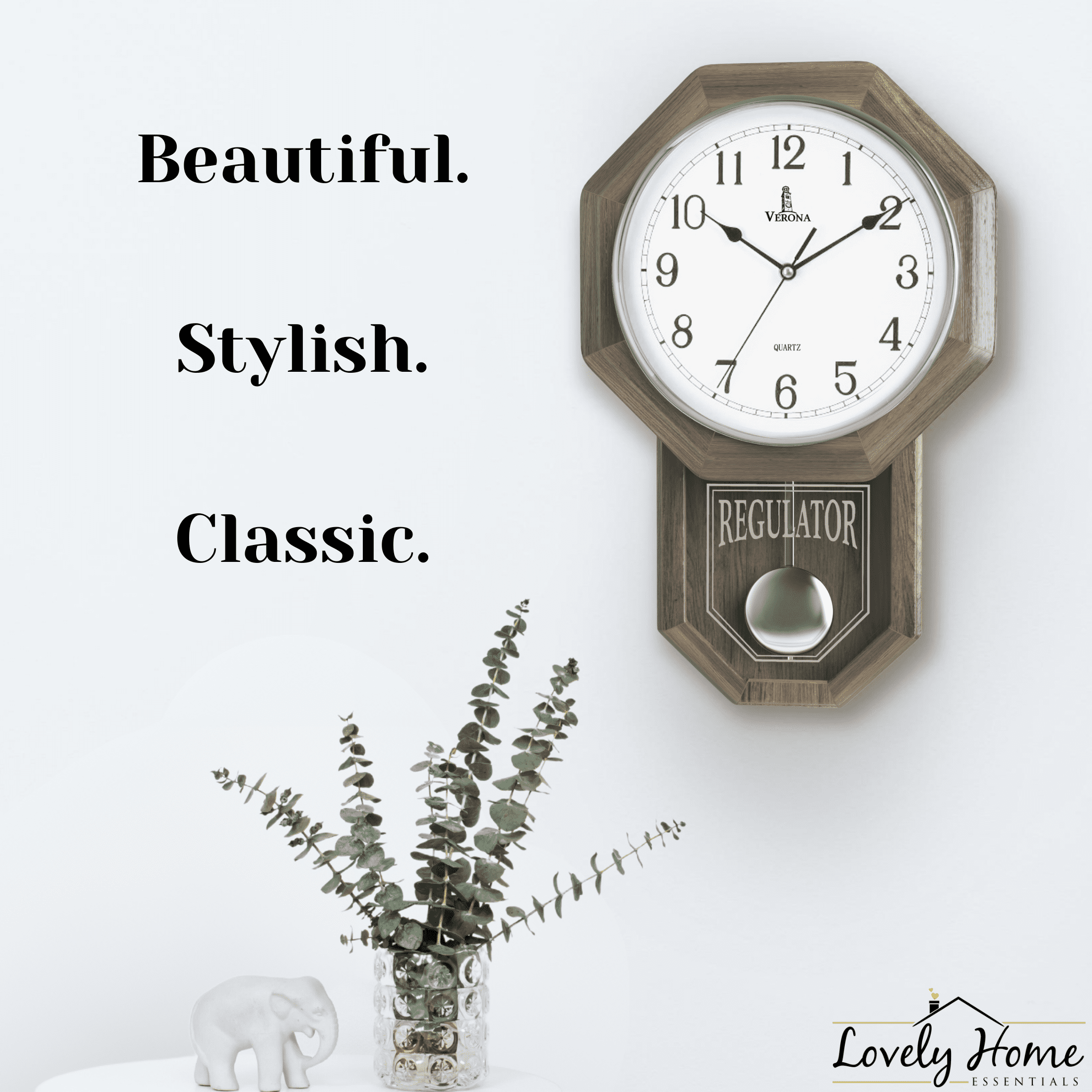 Pendulum Wall Clock - Real Wood Regulator Clock - Rustic, Farmhouse Schoolhouse Design - Quiet, Non-Chiming, Wooden & Battery Operated - Decorative Grey Ash Decor for Living Room, Home, Office 18x11