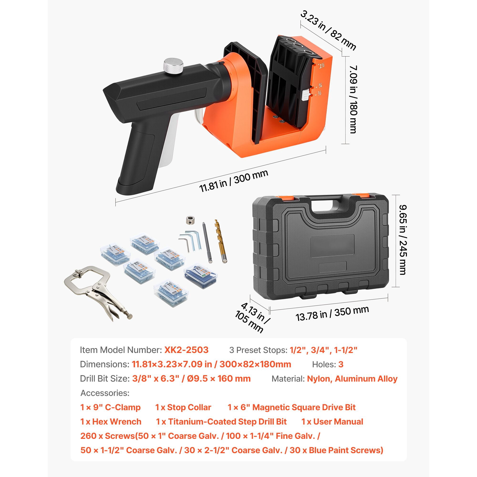 Pocket Hole Jig Kit, 1/2", 3/4", 1-1/2" Adjustable, 360 °   Rotating Handle, Jig Pocket Hole System with 260 Screws, C-Clamp, Stop Collar, Drill Bit, Easy Clamping and Adjusting, for Woodworking
