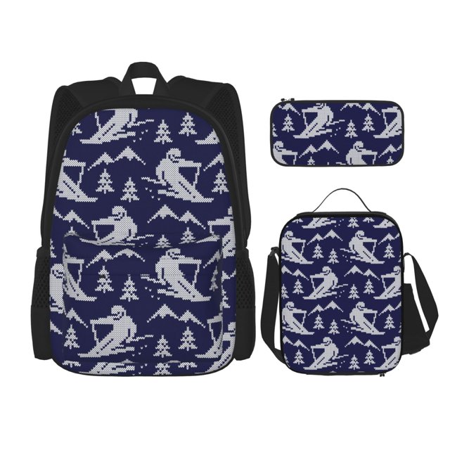 Disketp Abstract Skiing Mochila Estampada de Gran Capacidad con Lonchera y Estuche, Set de 3 Piezas para Estudiantes