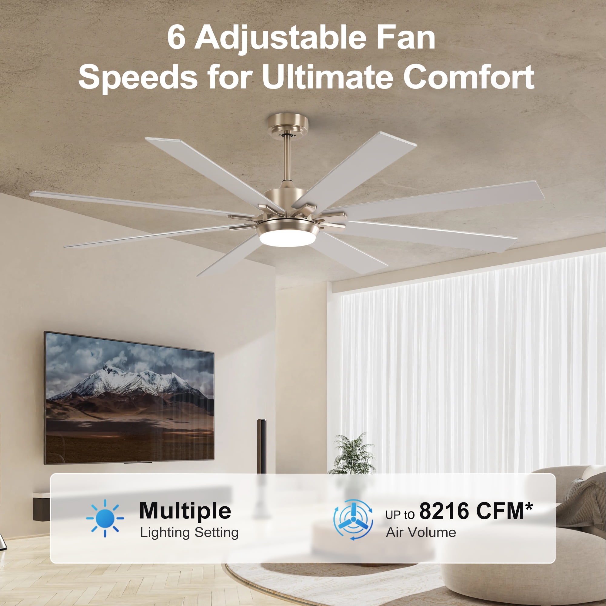 BOFANG 72 in Large Ceiling Fan with Dimmable LED Light and Remote, 8 Blades DC Motor(Nickel + Silver)