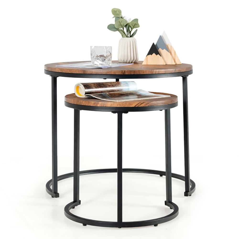 Finihen Round Nesting Coffee Table, Modern Nesting Side Set, Set of 2 Modern Round Stacking Nesting Coffee Tables, for Living Room, Reception Room, Brown Finihen Round Nesting Coffee Table, Modern Nesting Side Set, Set of 2 Modern Round Stacking Nesting Coffee Tables, for Living Room, Reception Room, Brown