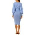 thumbnail image 3 of INSPIRE CHIC Robe pour Femme en Tricot à Col Rond Manches Lanterne 3/4 Ceinturée Ourlet Plissé Robes m Bleu Brume, 3 of 6