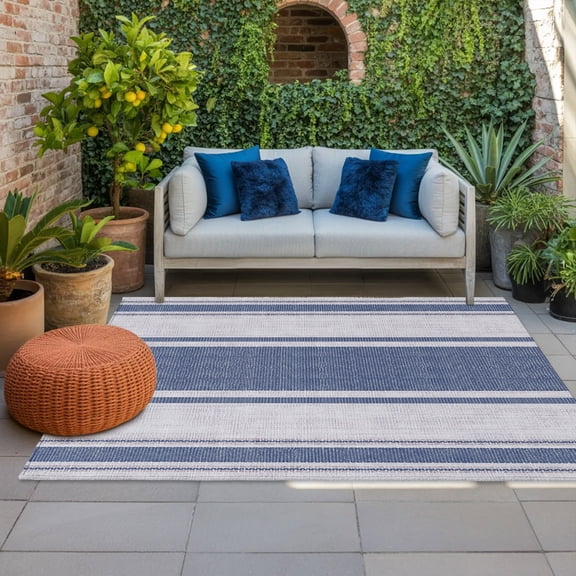 Outdoor Rug, Blue Stripes Retro Linen Indoor Area Rug Outdoor Carpet RV Camping Rugs 4x6ft Modern Minimalism Outside Mat for Patio Picnic Porch Deck Balcony Backyard