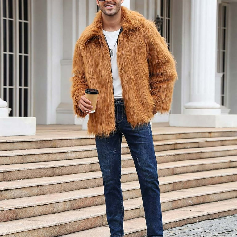 Penkiiy Men's Faux Fur Short Coat Winter Leopard Warm