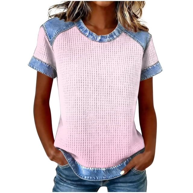 Camisetas de Manga Corta para las Mujeres Camisetas de Cuello Redondo de Color Sólido Camisetas de Manga Corta para las Mujeres