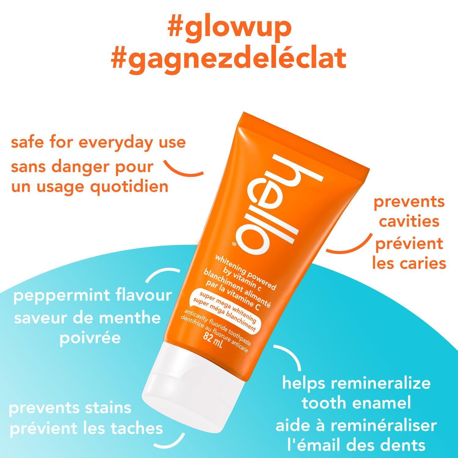 Hello Super Mega Whitening Toothpaste with Fluoride, Whitening Toothpaste Powered by Vitamin C, Helps Whiten Teeth Up to 2 Shades Whiter, Natural Peppermint Flavour, 82 mL Tube, Hello Toothpaste