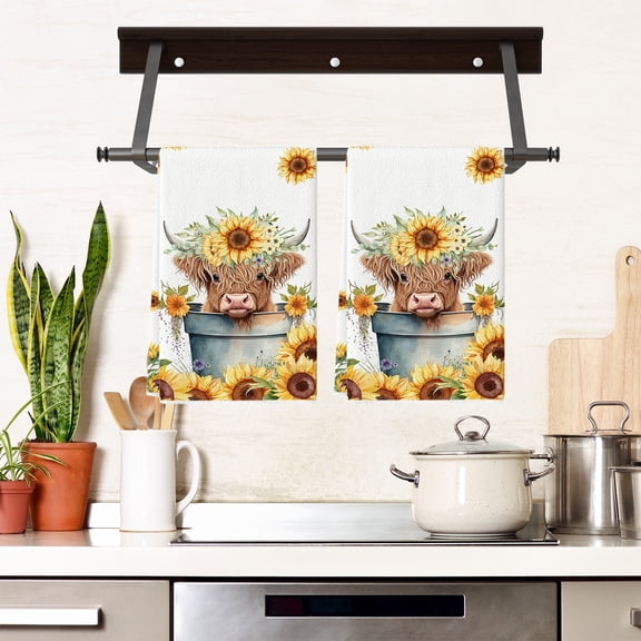 Taicans Highland Cow Sunflower Kitchen Towels,Watercolor Floral Highland Cow Decorative Dish Towels,Absorbent Reusable Hand Towels for Farmhouse Bathroom Kitchen Decor,1Pcs