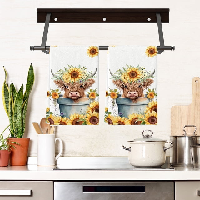 ddioayh Farmhouse Style Absorbent Kitchen Towel with Upland Cow Floral Design for Dish Drying Hand Towel Bathroom Decorative Towel Housewarming Gift Multiple Styles
