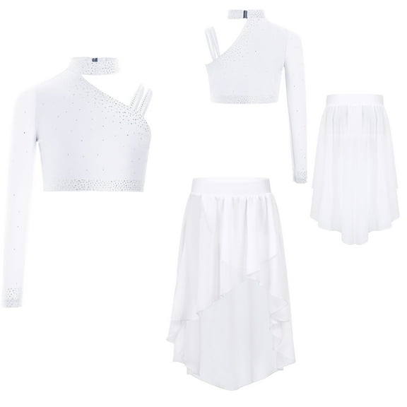 Nyeemya Kids Girls One Shoulder Long Sleeve Dance Crop Tops with Chiffon Skirt Set White 16