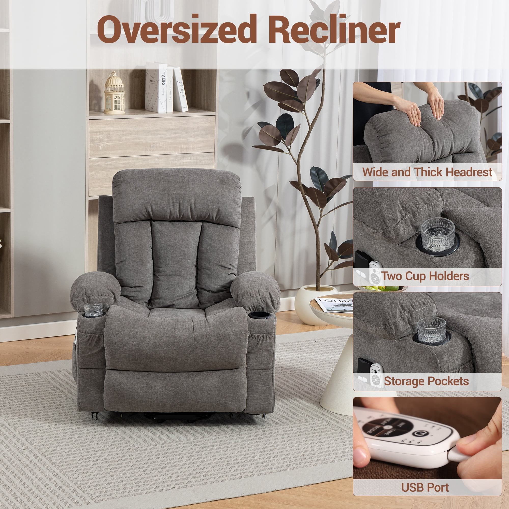 DELMANGO Power Lift Recliner Chair for Elderly, Electric Oversized Reclining Sofa with Vibration Massage & Heat, Cup Holder and USB Charging Port for Living Room, Grey
