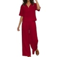 thumbnail image 3 of Feancey Vacation Outfits for Women 2 Piece Set Linen Short Sleeve Laplel V Neck Top and Elastic Waist Pant Lounge Sets Solid Color Loose Travel Outfit with Pockets Red 3XL, 3 of 10