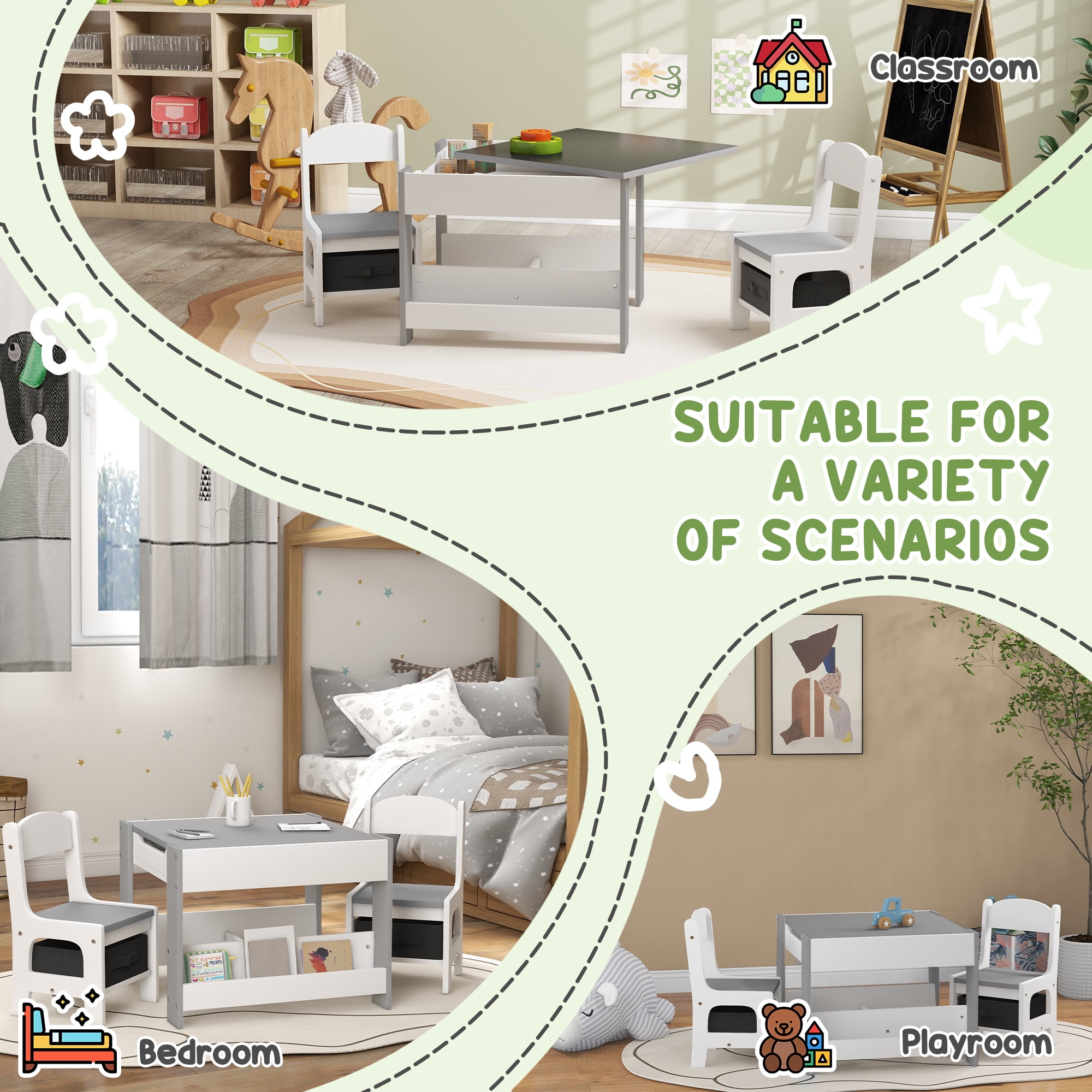 Cribs Qaba 3 Piece Table and Chair Set, 2 in 1 Toddler Table and Chair Set with Reversible Tabletop Blackboard, Storage & Bookshelves for Playroom, Nursery, Gray,Youth Desk and Chair Set