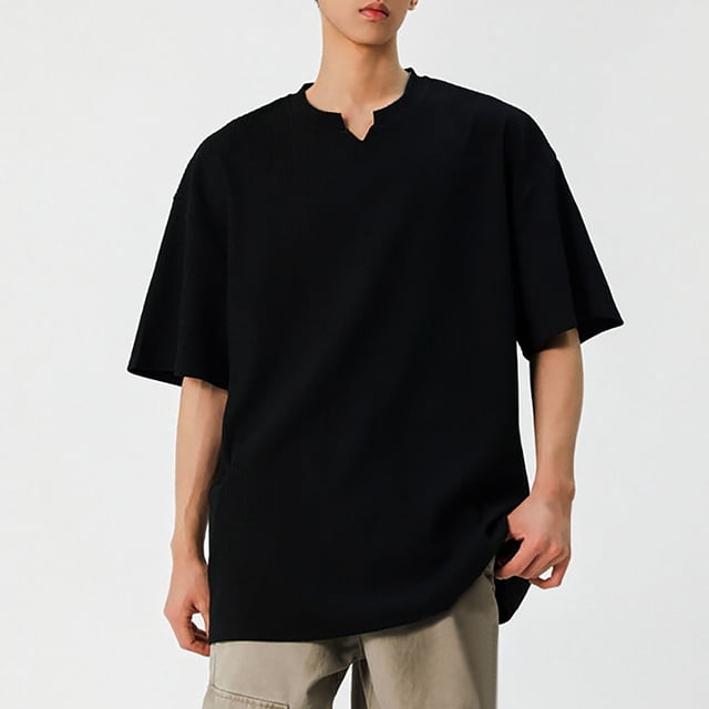 pstuiky camisetas de hombre, Camisa informal de manga corta con cuello en V y textura vertical de color liso para hombre camisas casuales para hombre xxl
