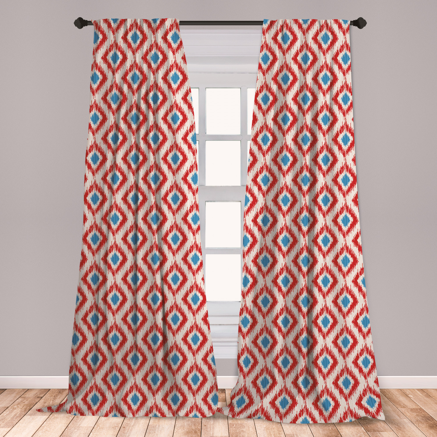 Ikat Curtains 2 Panels Set, Revival Pattern Classical Diamond Line