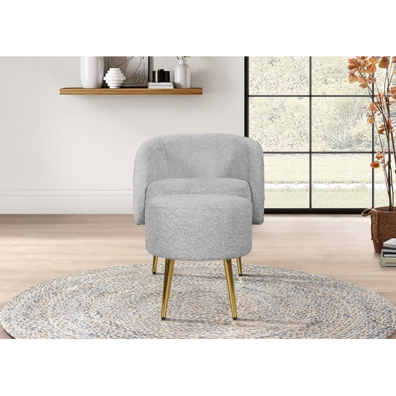 Home Design Molly Boucle Fabric Arm Chair with Ottoman, Barrel Back and Gold Metal Legs, Modern Upholstered Seating for Living Room, Gray