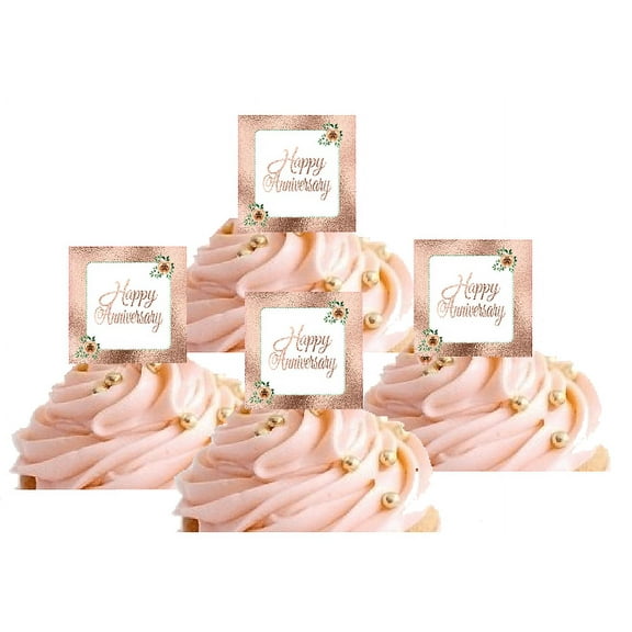 24pk Antique Rose Gold Glitter Happy Aniversary Hand Crafted Glitter Cupcake Decoration Topper Picks