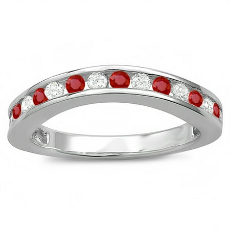 10K White Gold Round Ruby And White Diamond Ladies Curved Guard Matching Bridal Wedding Band