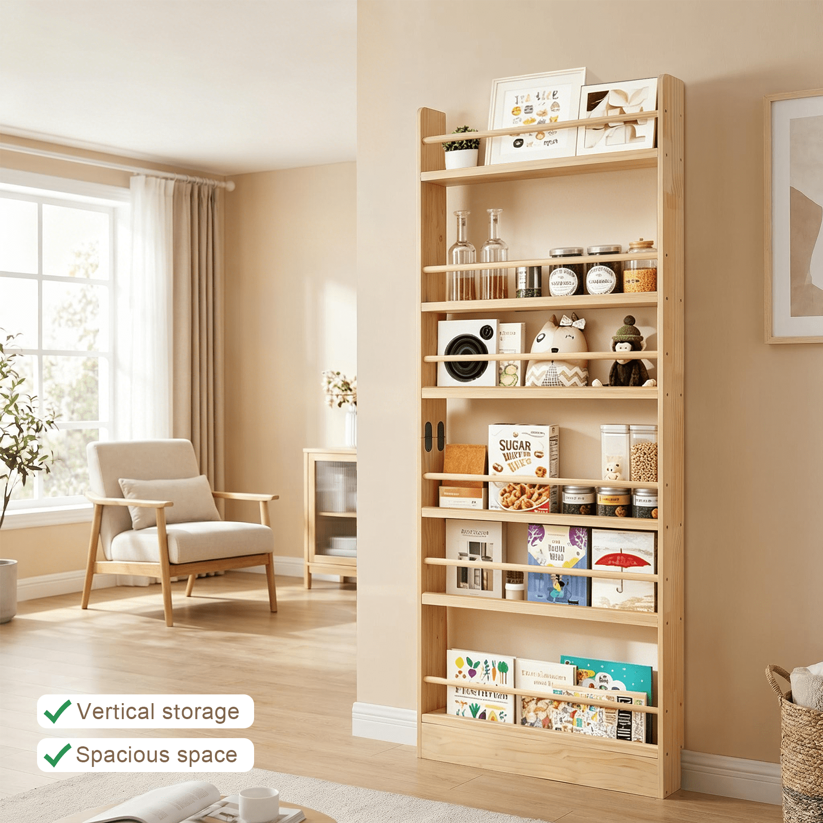 Behind the Door Bookshelf 31.5x4x68.38 Inch Solid Wood 6-Shelf Narrow Storage for Living Room Bedroom Entryway