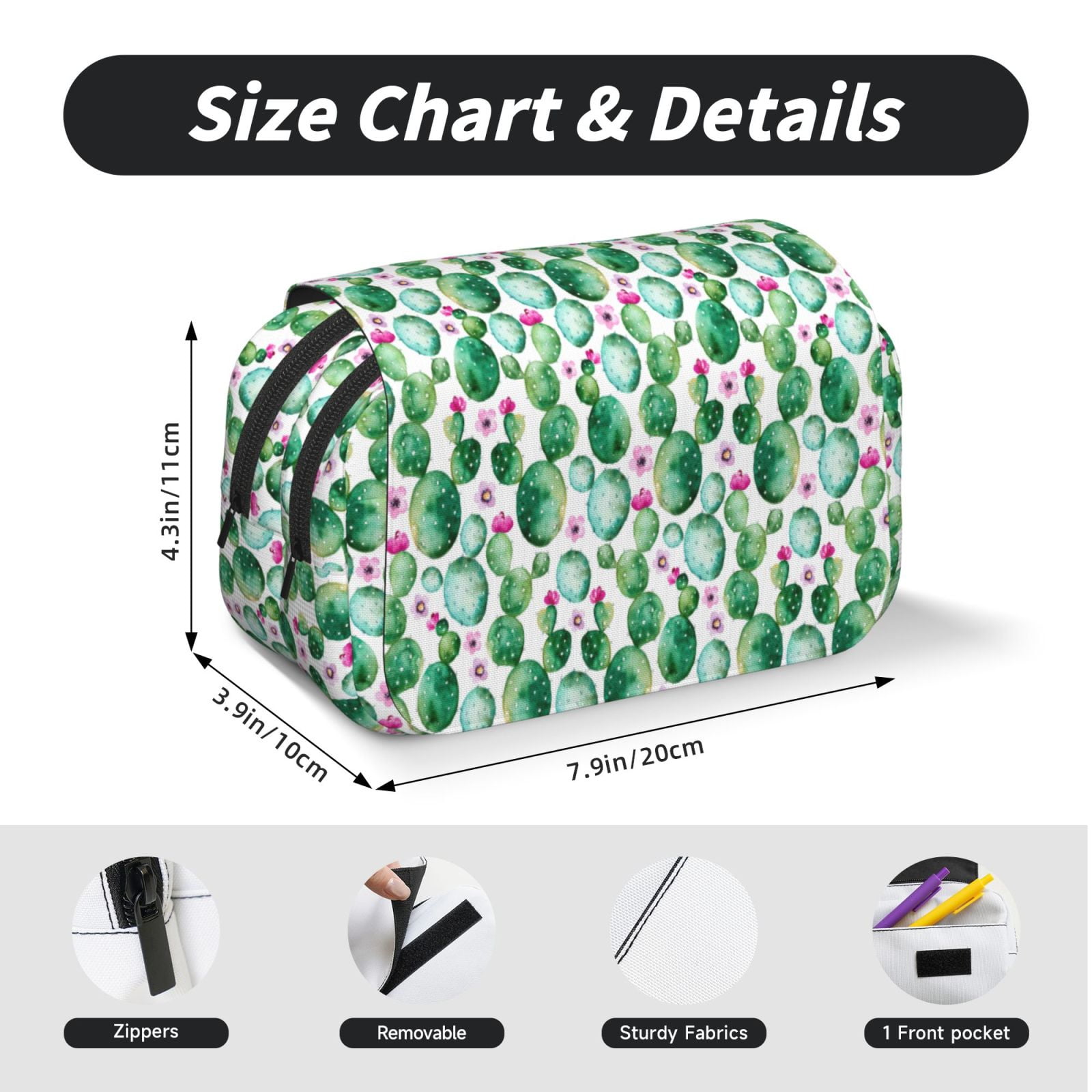 Rateoe Cactus Plants Pattern Double Clamshell Pen Case, Storage Organizer with Two Zipper Compartments– Holds Up to 50 Pencils & Pens