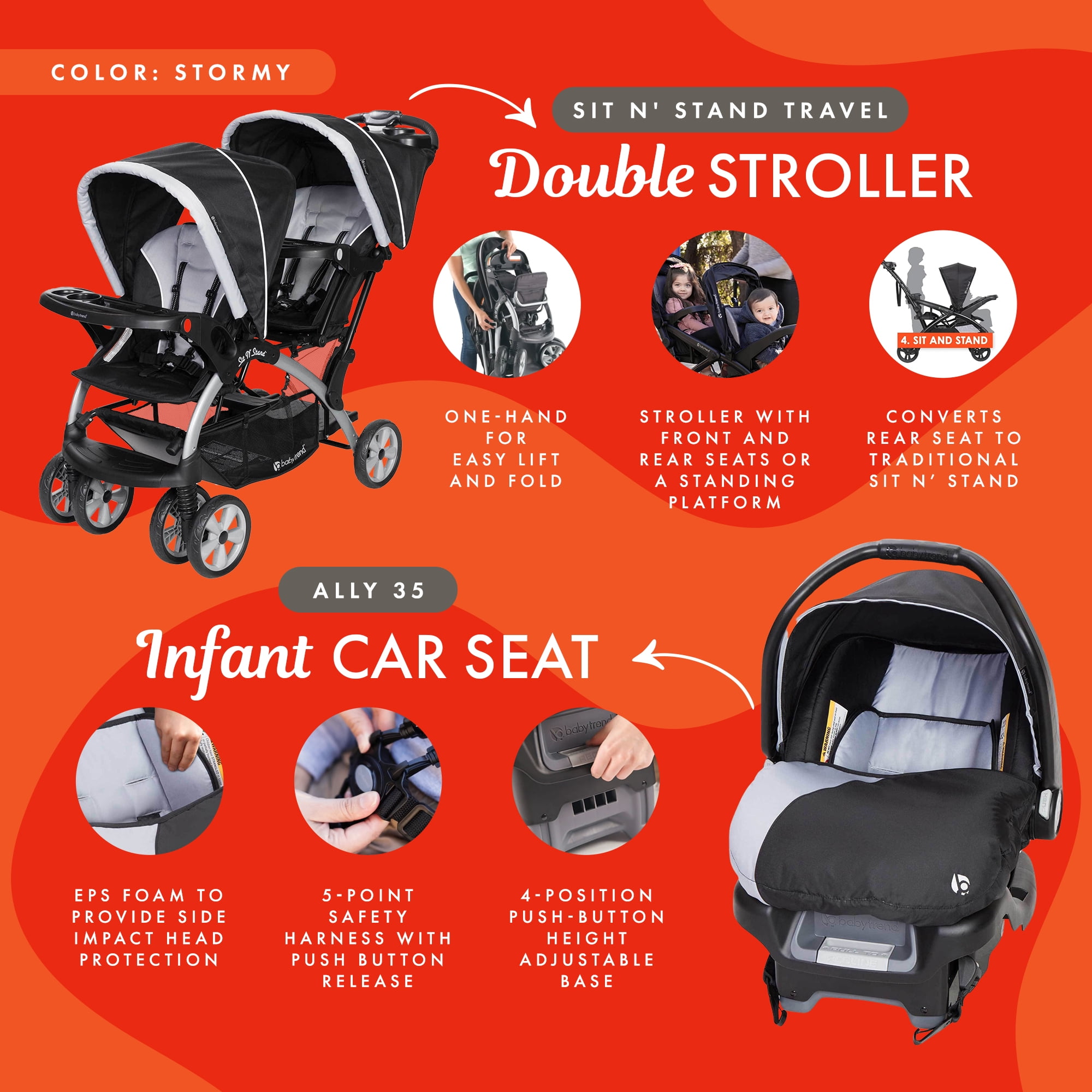 Baby Trend Double Stroller 2 Ally 35 Infant Car Seat Combo Set Stormy Walmart