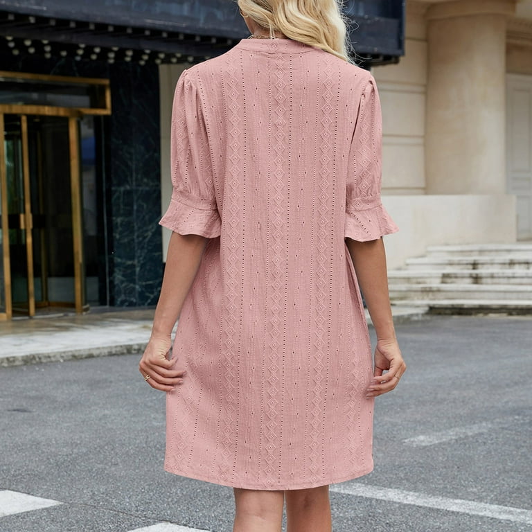 Cagogo Summer Ruffle Short Sleeve Petite Dresses for Women Plus Size Flowy  Swing Hollow Out Knee Length T Shirt Dress V Neck Embroidery Eyelet Holiday  Outfits Shirt Dresses - Walmart.com
