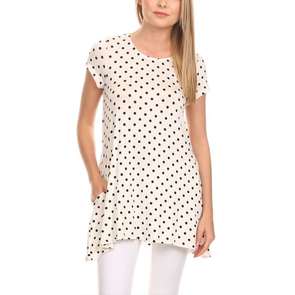 Women's Relaxed Fit Short Sleeve Polka Dot Round Neck Casual Pockets Blouse Tee Top