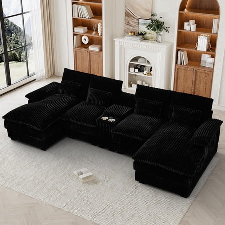 HJYT-H&K 125" U-Shaped Sectional Couch, Oversized Sectional Couches for Living Room, Corduroy Modular Cloud Sofa with USB, Storage & Cup Holder, Black
