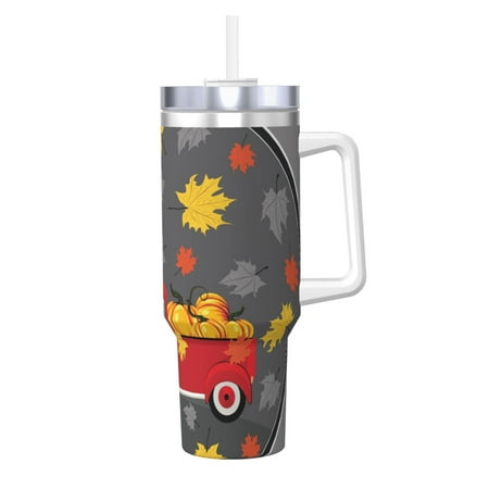 

Salouo Red Pickup Truck With Pumpkins for 40oz Water Bottle with Handle & Flip Straw - Stainless Steel Vacuum Insulated Tumbler-Reusable Travel Coffee Mug- Gifts for Women & Men