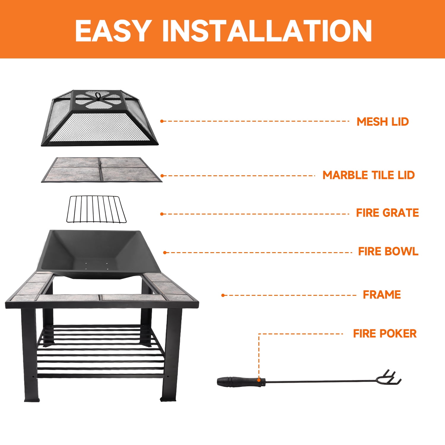 30" Square Bonfire Wood Burning Fire Pit Table with Spark Screen Cover, Log Grate, Waterproof Cover and Fire Poker for Outdoor Backyard, Garden, Bonfire