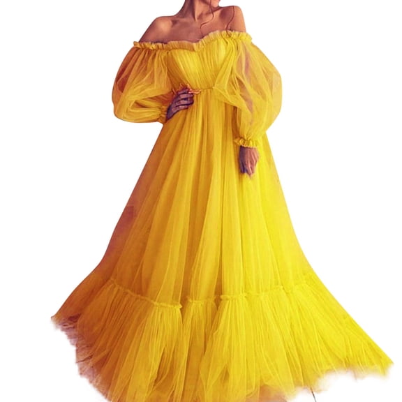 PMVFHDE Women Off Shoulder Wedding Gown Sheer Long Sleeve Full Skirt Dress Formal Dresses For Women Yellow,L