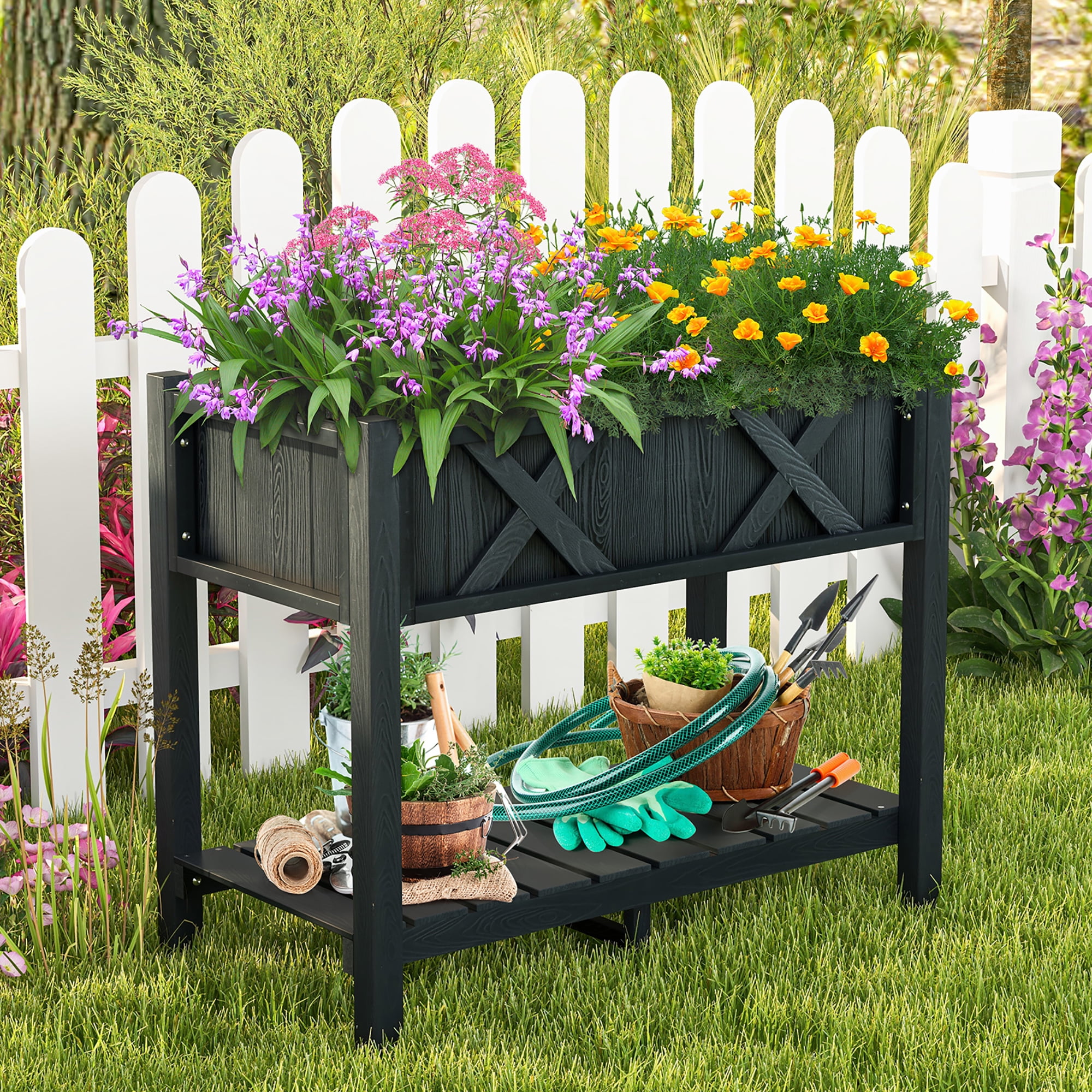 Gymax HIPS Raised Garden Bed Poly Wood Elevated Planter Box w/ Legs & Storage Shelf Black