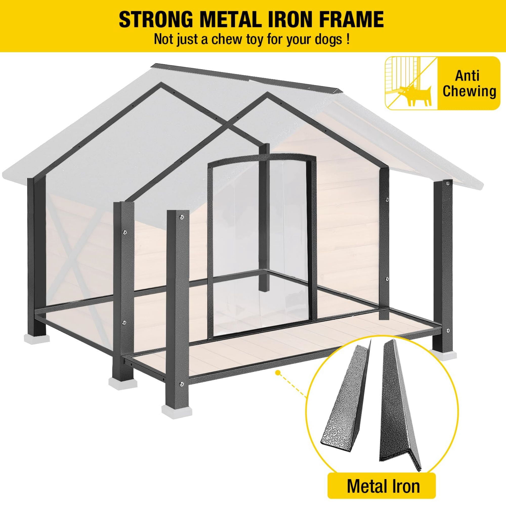 Aivituvin Anti-Chewing Outdoor Dog House with Iron Frame, 34.3"D Weatherproof Wooden Dog Kennels with Large Porch for Outdoor & Indoor, Brown