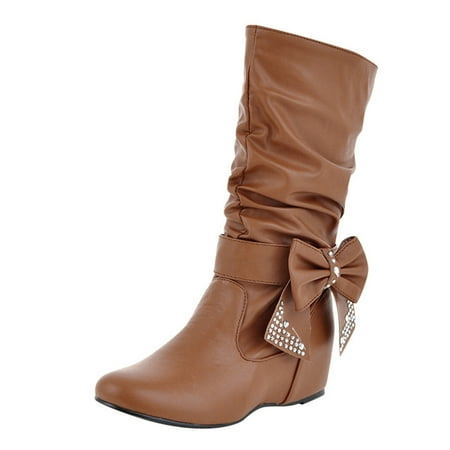 

KELINFONG Womens Slouchy MId Calf Booties Wide Calf Shoes with Rhinestones Bowknot Decor Round Toe Flat Boot