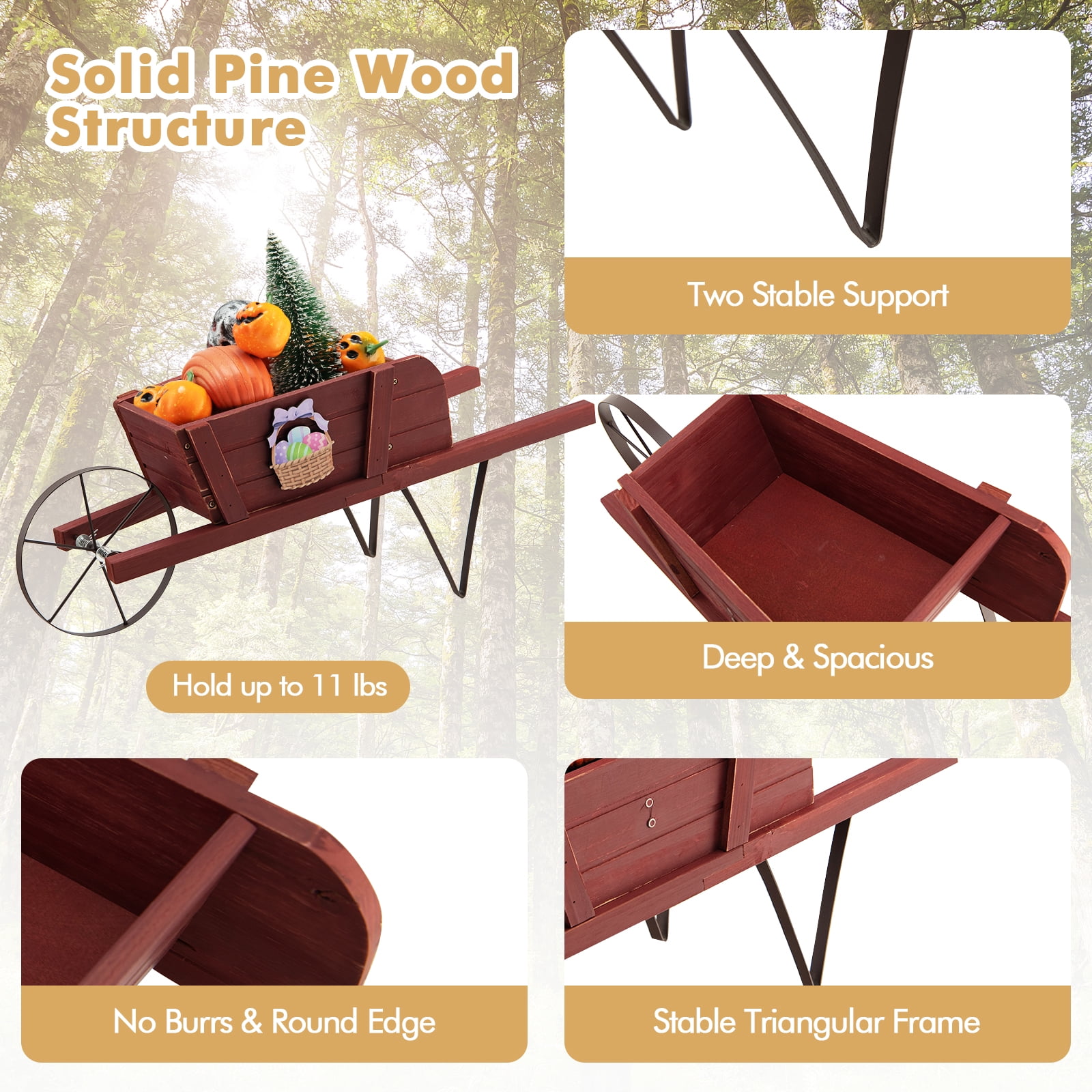 Topbuy Flower Pot Wheelbarrow Planter Solid Pine Wood Wagon Planter w/ Triangular Metal Support 2 Energy-saving Handles Movable Whee Red