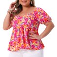 thumbnail image 2 of DARING DIVA Women's Plus Sweetheart Neck Short Sleeves Floral Blouse 3X Orange Pink, 2 of 6