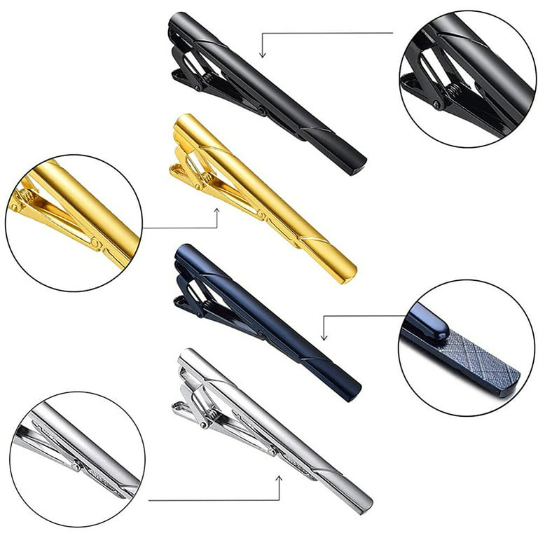 LNGOOR 4 Pack Tie Pin for Men Regular Tie Clip Set Tie Bar Necktie Bar  Pinch Clips for Business Wedding and Daily Life, Black Navy Gold Silver