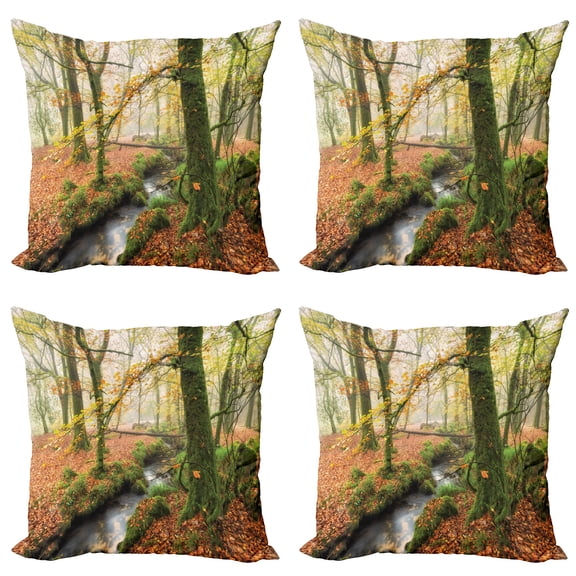 Ambesonne Autumn Throw Pillow Cover 4 Pack, Misty Woods Cornwall, 24", Orange Green Yellow